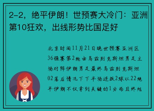 2-2，绝平伊朗！世预赛大冷门：亚洲第10狂欢，出线形势比国足好