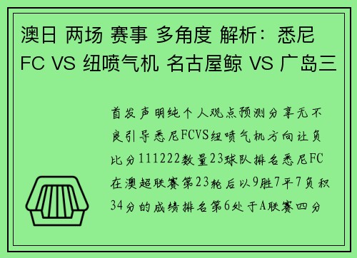 澳日 两场 赛事 多角度 解析：悉尼FC VS 纽喷气机 名古屋鲸 VS 广岛三箭